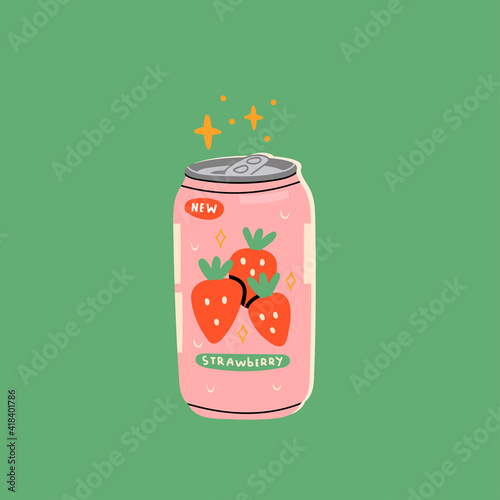 Tasty Strawberry Soda. Soft Drink in aluminum Can. Carbonated water with fruit flavor. Kawaii Japanese asian style. Hand drawn colorful Vector illustration. Icon, logo or Poster template