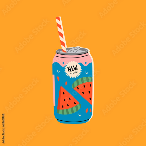 Tasty Watermelon Soda. Soft Drink in aluminum Can. Carbonated water with fruit flavor. Kawaii Japanese asian style. Hand drawn colorful Vector illustration. Icon, logo or Poster template