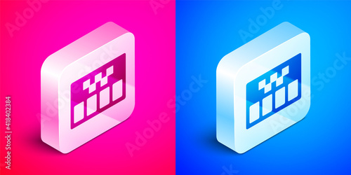 Isometric Taximeter device icon isolated on pink and blue background. Measurement appliance for passenger fare in taxi car. Silver square button. Vector.