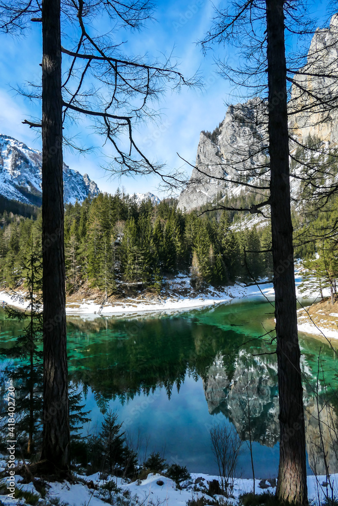 Obraz premium An idyllic view on Alpine Green Lake in Austria, seen from a small hill around the lake, through the trees. Powder snow covering the mountains and ground. Emerald color of water. Winter Wonderland