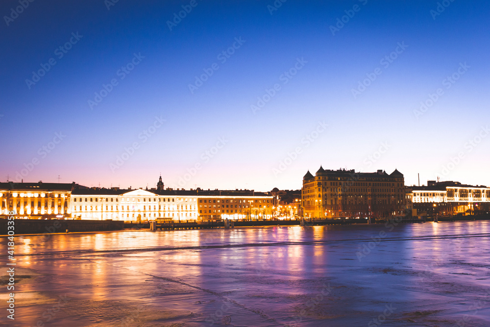  sunset city ice river navigation winter Saint Petersburg europe