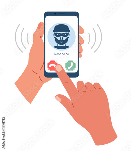 Illustration of hands holding a phone. A call comes in from a scammer. Smartphone screen interface. The isolated image on a white background. Simple cute style.