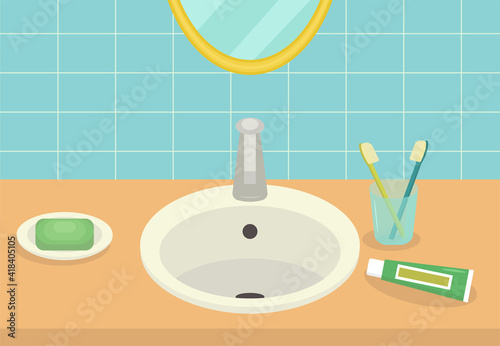 Minimalist bathroom interior. Washbasin with soap, brushes and toothpaste, mirror. Flat vector subject illustration