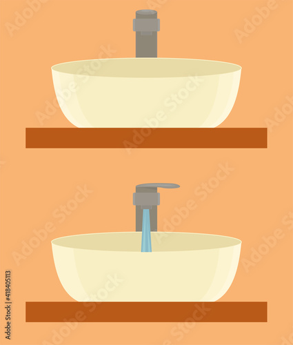 Modern minimalist faucet and sink. The tap is switched off and on. Washbasin. Bathroom in beige tones. Flat vector illustration