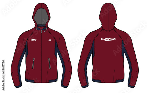Long sleeve Bomber Hoodie jacket design template in vector, Bomber Hooded jacket with front and back view, hooded winter jacket for Men and women. for training, Running and workout in winter