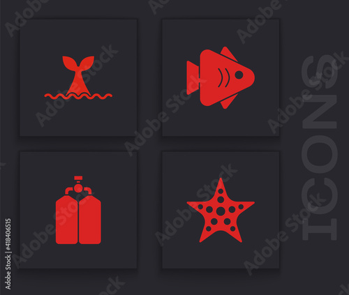Set Starfish, Whale tail in ocean wave, Fish and Aqualung icon. Vector.