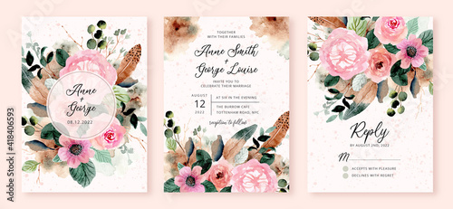 wedding invitation set with rustic flower and feather watercolor