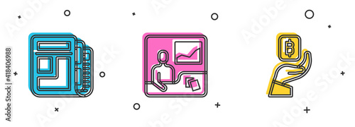Set Stock market news, Trading courses and Hand holding Bitcoin icon. Vector.