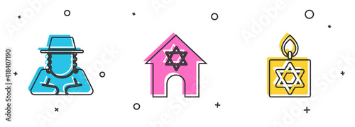 Set Orthodox jewish hat, Jewish synagogue and Burning candle icon. Vector.