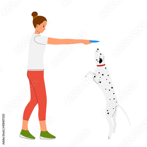 Girl playing with her dalmatian dog. Pet owner vector illustration. © Nadzezhda