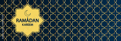 Ramadan Kareem inscription and blue background with gold pattern. Ramadan Kareem advertising, postcards, invitations, greeting cards.