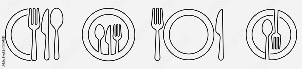 Fototapeta premium spoon, Fork, knife and plate icon set in line, menu logo, Silhouette of cutlery. Tableware Vector illustration