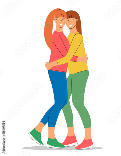 Girlfriends smiling and hugging. Women friendship. Vector illustration.