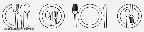 spoon, Fork, knife and plate icon set in line, menu logo, Silhouette of cutlery. Tableware Vector illustration