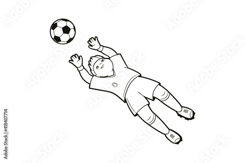 Coloring book: soccer team goalkeeper boy jumping for the ball. Isolated vector illustration in cartoon style, black and white line art.