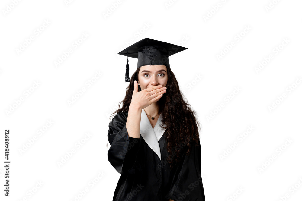 Distance learning online. Study at home. Graduation from college. Graduate in black robe smile on white background. Funny woman smiling after successful finish university and complete master degree Distance learning online. Study at home. Graduation from college. Graduate in black robe smile on white background. Funny woman smiling after successful finish university and complete master degree