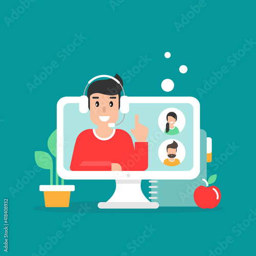 Webinar, online class, remote team work concept. Learn and study via teleconference or video course.