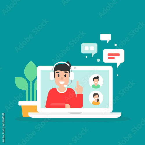Webinar, online class, remote team work concept. Learn and study via teleconference or video course.