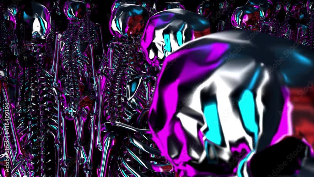 Futuristic seamless animation of skeletons. Neon glossy elegant background of humanoid or artificial intelligence concept.