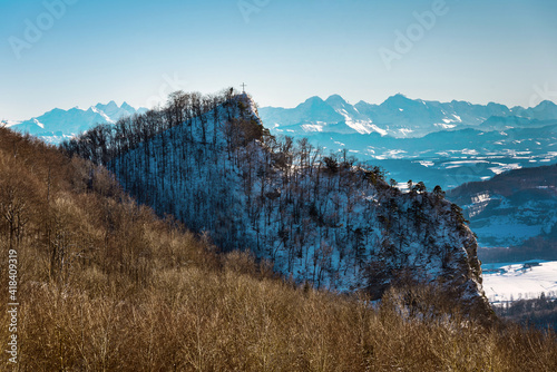 detail on top of a mountain in the background with the swiss alps in the canton of Solothurn in Switzerland.