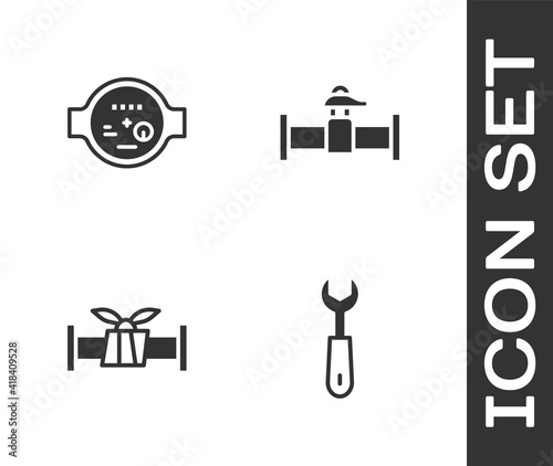 Set Wrench spanner, Water meter, Industry metallic pipe and and valve icon. Vector.