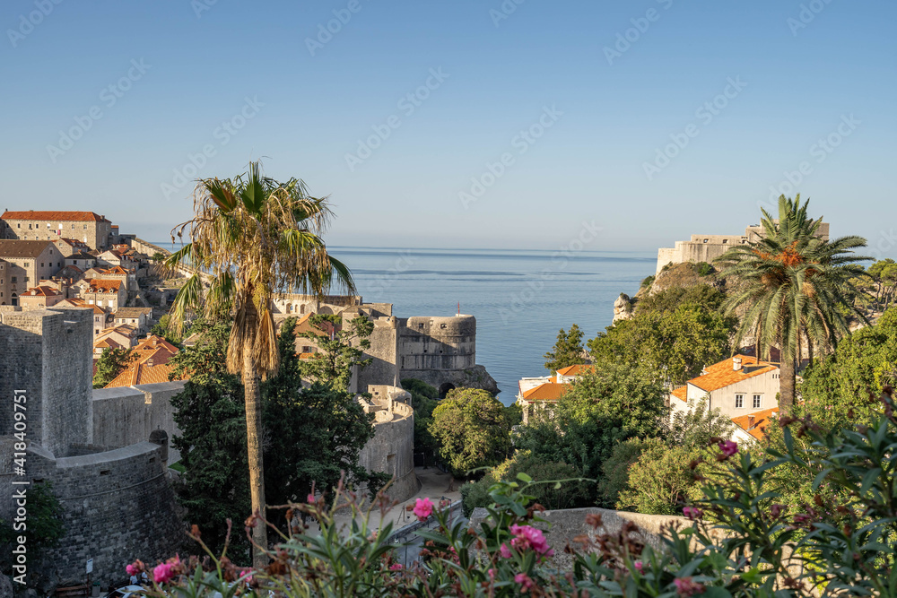 Garden view of west pier outside Dubrovnik old town in Croatia summer morning