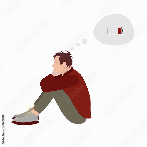 A tired man sits with his head propped up with a discharged battery in his thoughts. A tired man is in a state of emotional burnout or mental disorder. Vector illustration