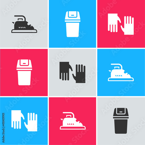 Set Electric iron, Trash can and Rubber gloves icon. Vector.