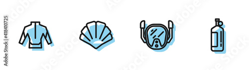 Set line Diving mask, Wetsuit, Scallop sea shell and Aqualung icon. Vector.