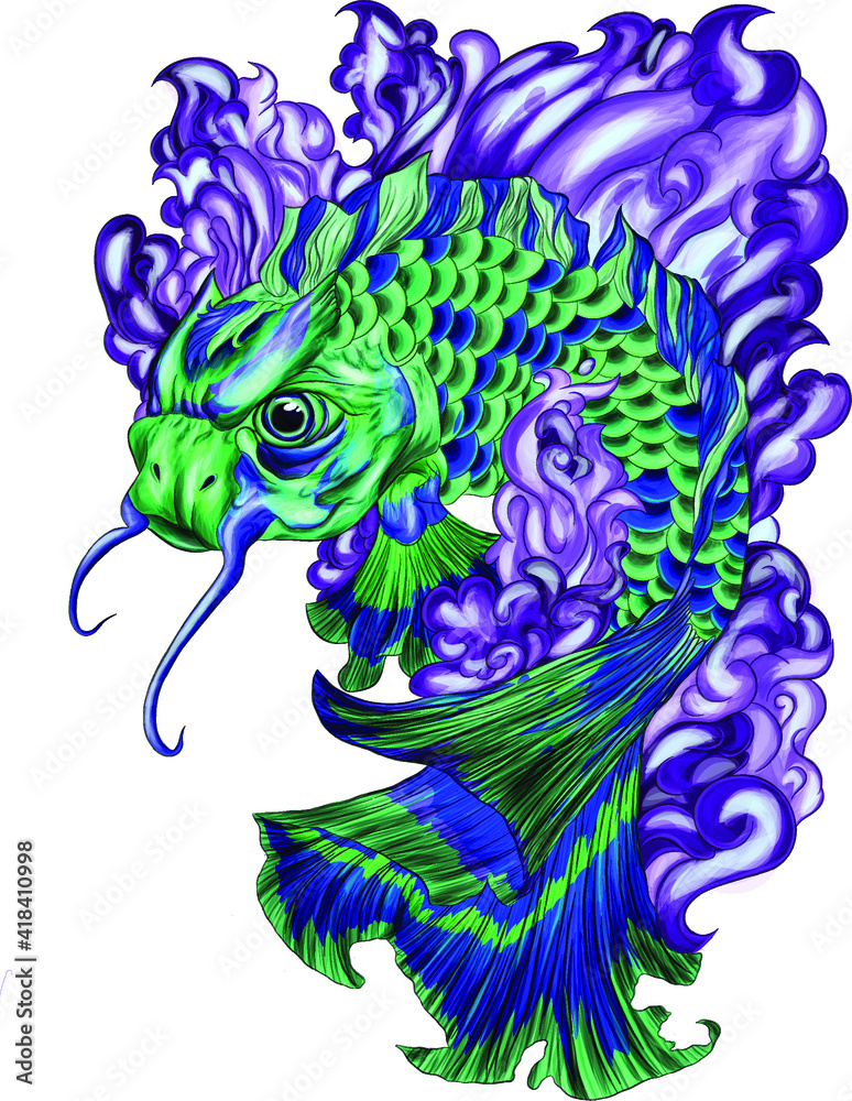 fish japanese carp color drawing vector illustration
