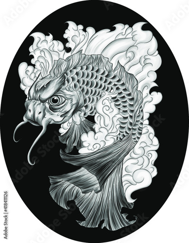 fish japanese carp black sketch tattoo drawing vector illustration