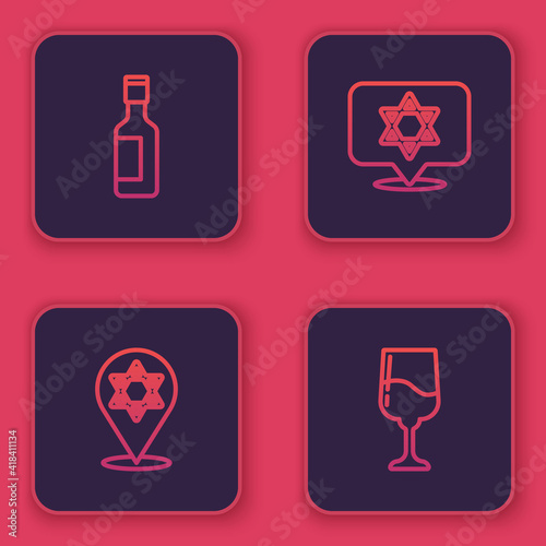 Set line Jewish wine bottle, Star of David, and goblet. Blue square button. Vector.
