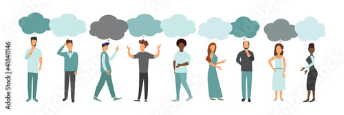 Vector illustration, flat style, people talk. People with thoughts on a white background.