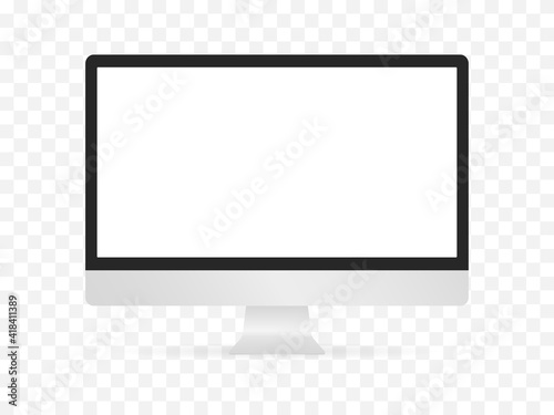 Realistic monoblock monitor isolated template. Empty white screen with black edging digital mockup device with slim body modern lcd touch vector style.