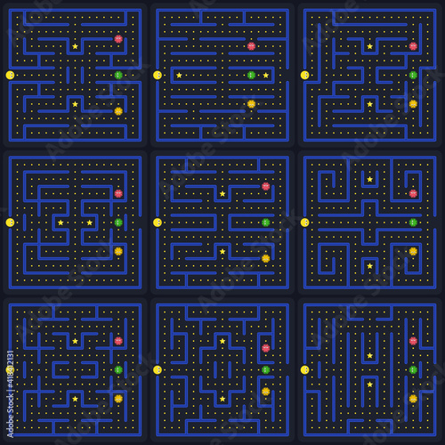 Game concept with ghosts. Modern arcade video game interface and design elements. Game world. Computer or mobile game with control buttons.