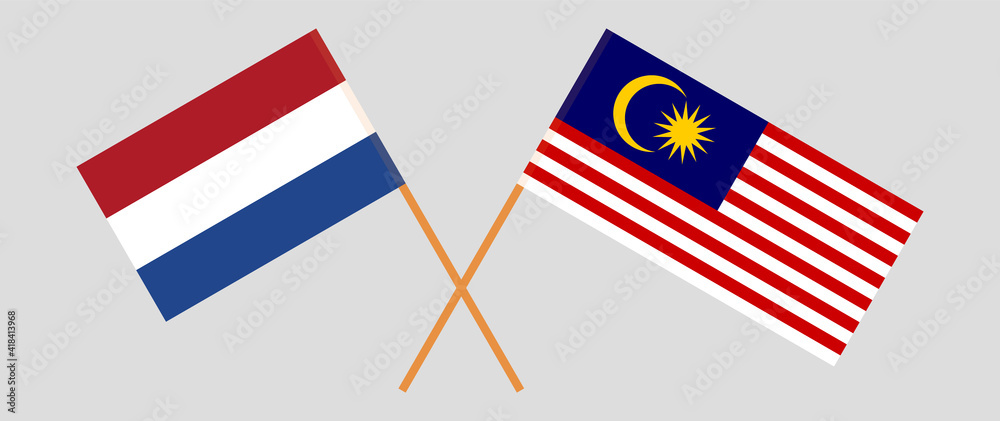 Crossed flags of the Netherlands and Malaysia. Official colors. Correct proportion Crossed flags of the Netherlands and Malaysia. Official colors. Correct proportion