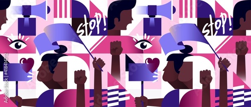 Geometric Seamless Pattern with  Protesters People. Revolution, Conflict or Protest Concept. Anti-racism message. Stop racism. Vector illustration