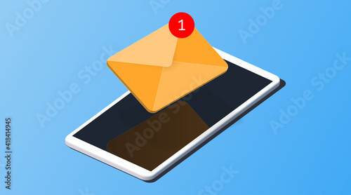 Yellow 3d vector mail and smartphone. Isometric email inbox notice illustration. Notification letters service concept background.