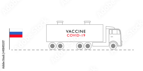 Big truck delivering russian vaccine for covid, coronavirus to other country. Concept vector illustration with Sputnic. photo