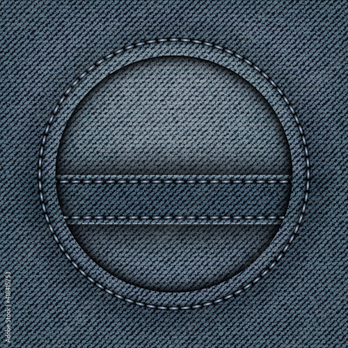 Blue denim with round frame with stitches and stripe inside circle
