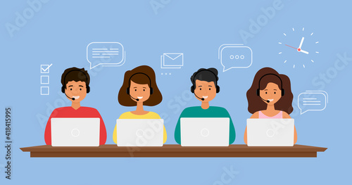 Operators with headset supporting people in call center. Hotline workers. Telemarketing concept. Vectorillustration.