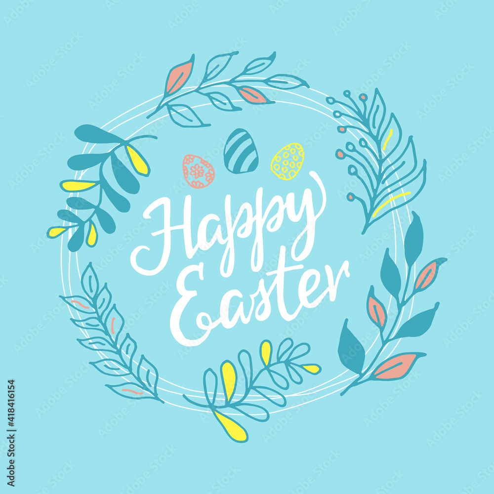Colorful happy Easter card with hand lettering. Design for printing, doodle style and lettering.