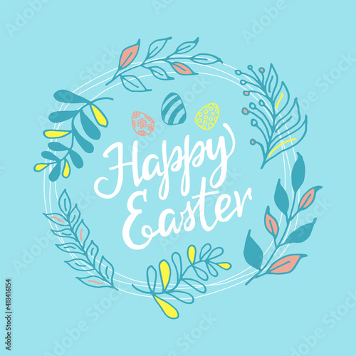 Colorful happy Easter card with hand lettering. Design for printing  doodle style and lettering.