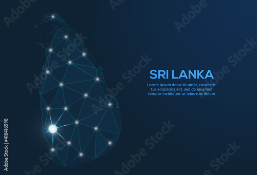 Sri Lanka communication network map. Vector low poly image of a global map with lights in the form of cities. Map in the form of a constellation, mute and stars