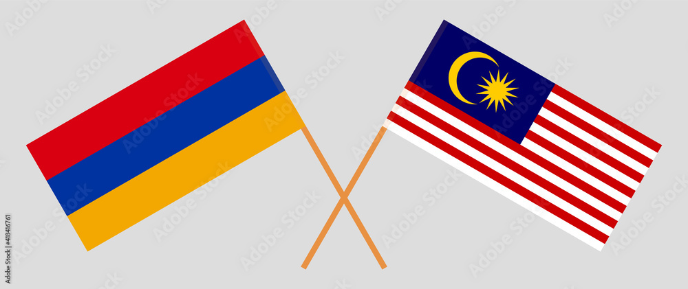 Crossed flags of Armenia and Malaysia. Official colors. Correct proportion Crossed flags of Armenia and Malaysia. Official colors. Correct proportion