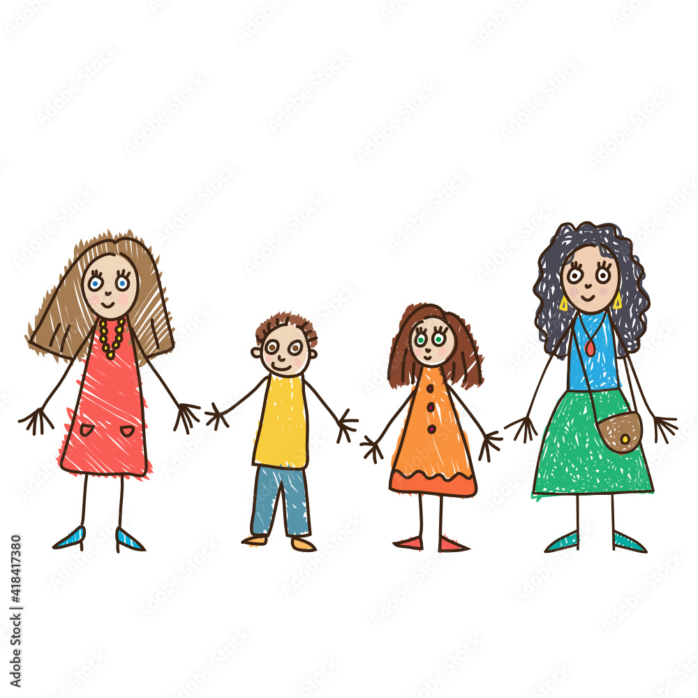 Kids Drawing style. Same sex parenthood. Family with two mothers, son and daughter in bright clothes vector illustration Kids Drawing style. Same sex parenthood. Family with two mothers, son and daughter in bright clothes vector illustration