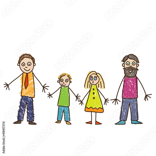 Kids Drawing style. Same sex parenthood.  Family with two fathers, son and daughter in bright clothes vector illustration