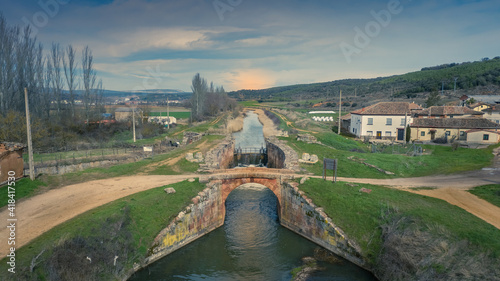 aerial view of Lock 1 of the Canal de Castilla, Alar del Rey, Palencia, Spain