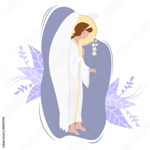 Archangel Gabriel on a cloud with a white lily - Celestial messenger. Vector. Religion - Catholicism and Orthodoxy . Angel of Revelation, Saint Gabriel the Archangels festival day and Annunciation