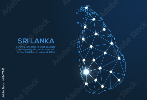 Sri Lanka communication network map. Vector low poly image of a global map with lights in the form of cities. Map in the form of a constellation, mute and stars